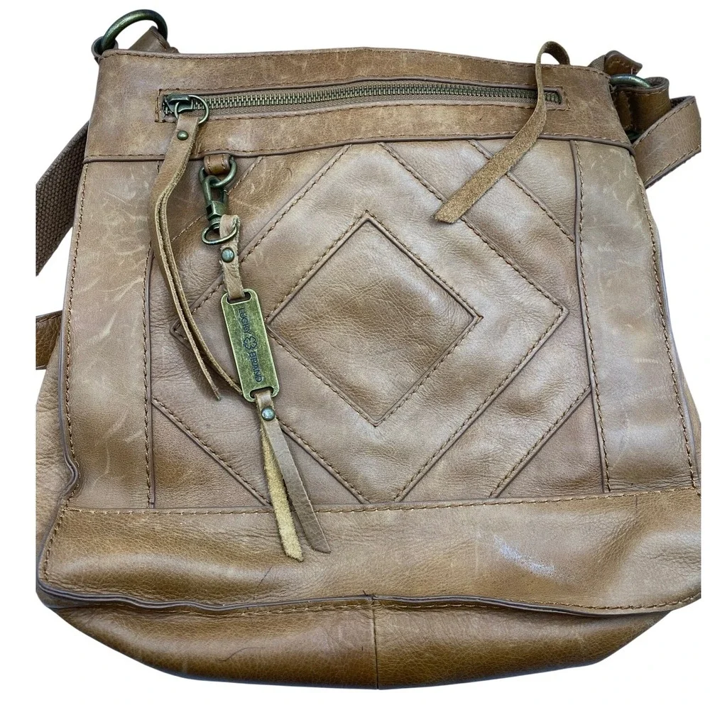 Lucky Brand Brown Leather Quilted‎ Diamond Crossbody Messenger Bag Boho Tassel